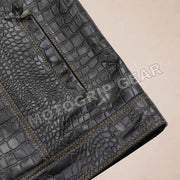 Men’s Crocodile Embossed Cowhide Leather Motorcycle Vest – Contrast Stitch Biker Club Vest