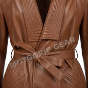 Women’s Luxury Designer Lambskin Leather Belted Jacket – Cognac Brown Statement Blazer
