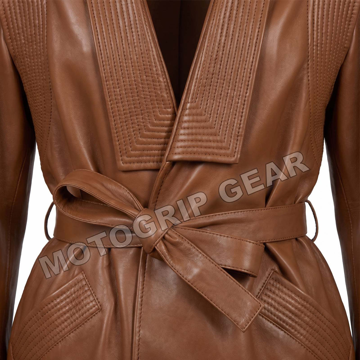 Women’s Luxury Designer Lambskin Leather Belted Jacket – Cognac Brown Statement Blazer