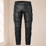 Men’s Distressed Black Cowhide Leather Armored Motorcycle Cargo Pants