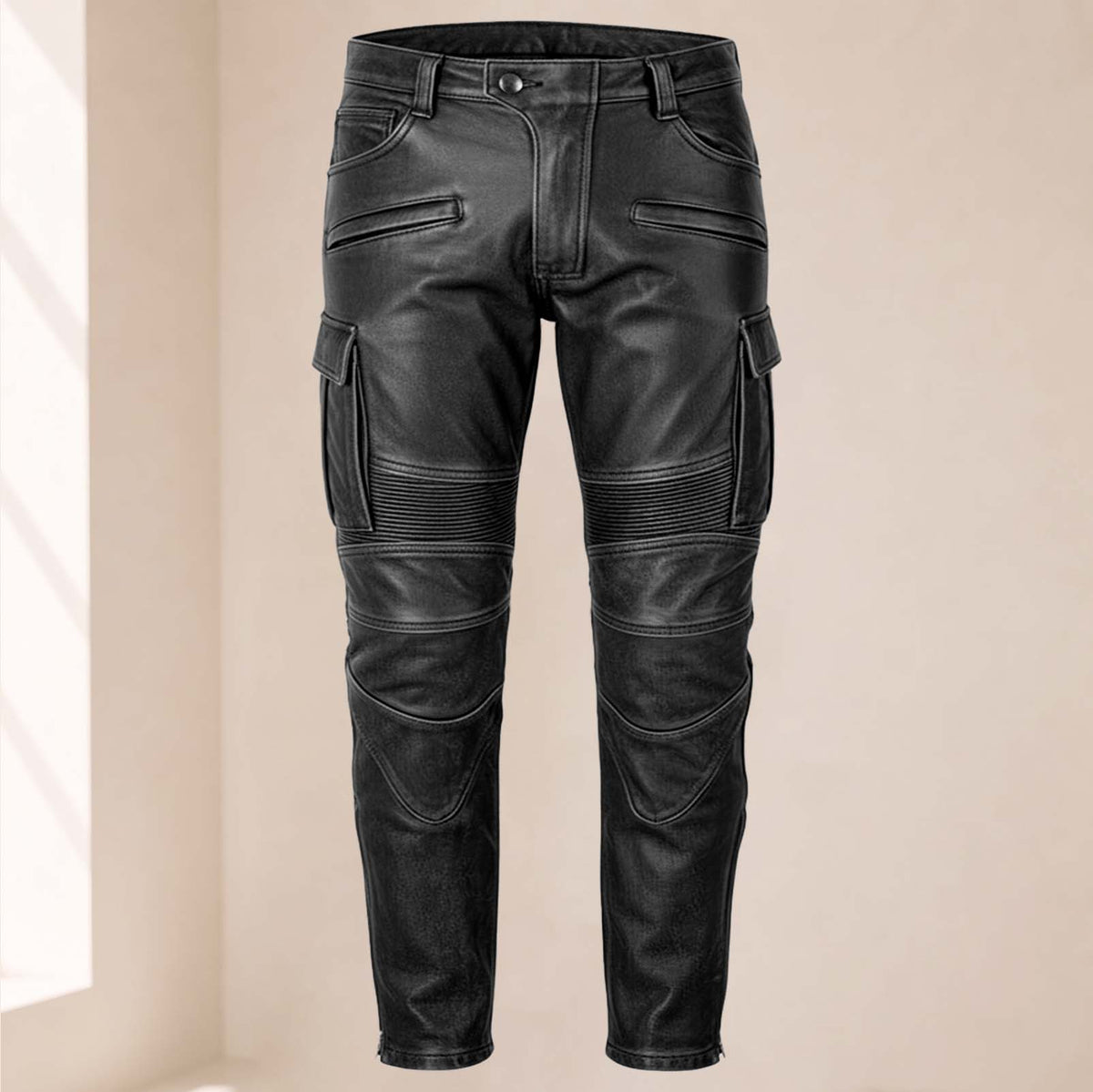 Men’s Distressed Black Cowhide Leather Armored Motorcycle Cargo Pants