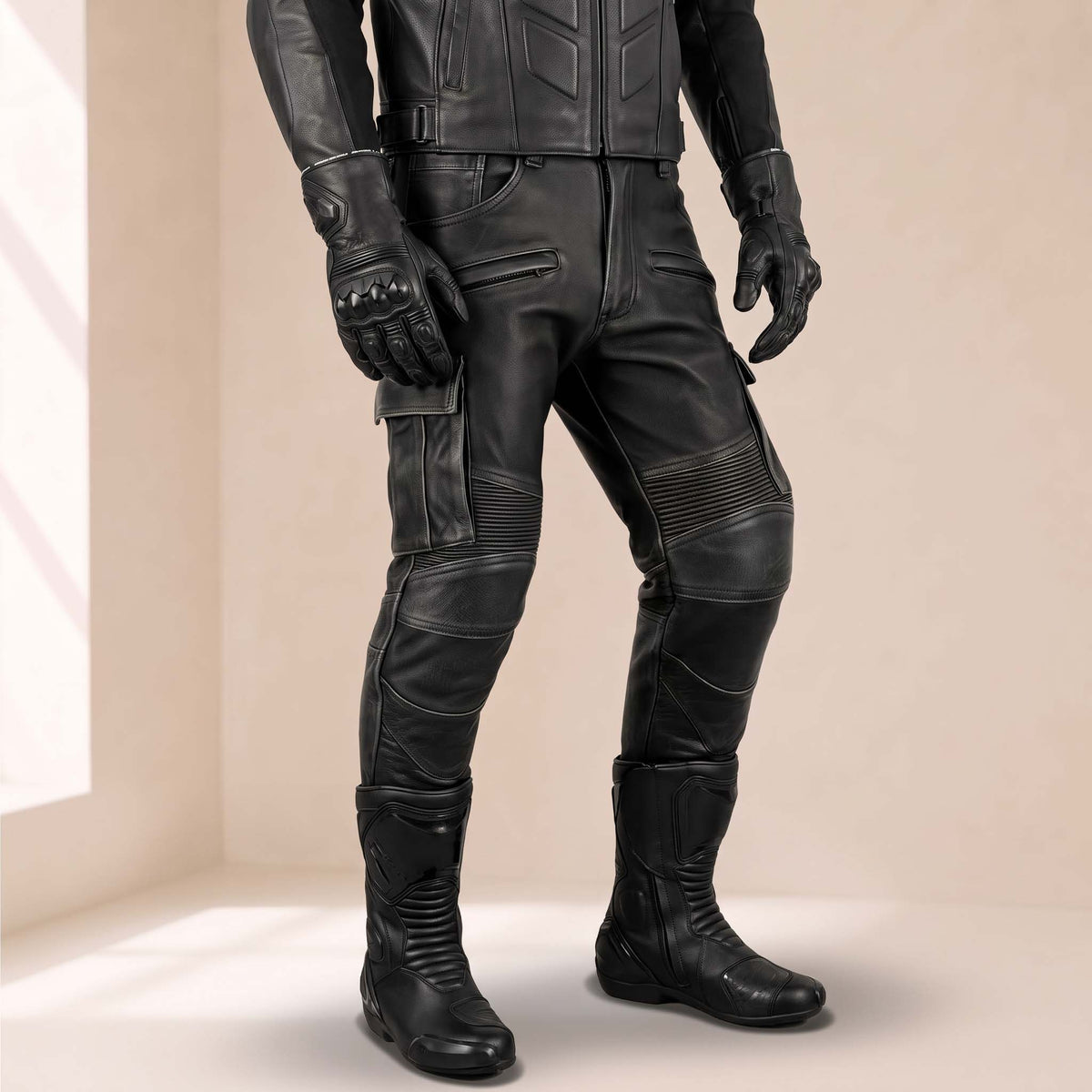 Men’s Distressed Black Cowhide Leather Armored Motorcycle Cargo Pants