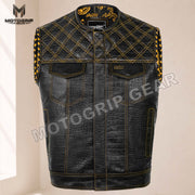 Men’s Crocodile Embossed Cowhide Leather Motorcycle Vest – Contrast Stitch Biker Club Vest