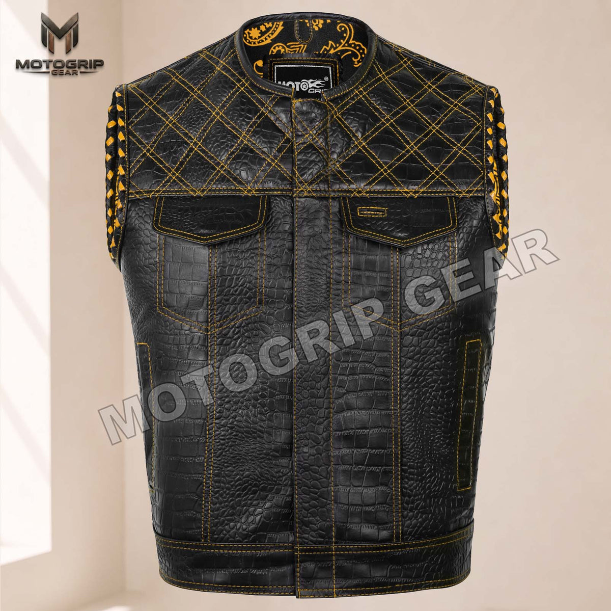 Men’s Crocodile Embossed Cowhide Leather Motorcycle Vest – Contrast Stitch Biker Club Vest