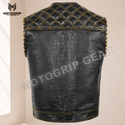 Men’s Crocodile Embossed Cowhide Leather Motorcycle Vest – Contrast Stitch Biker Club Vest