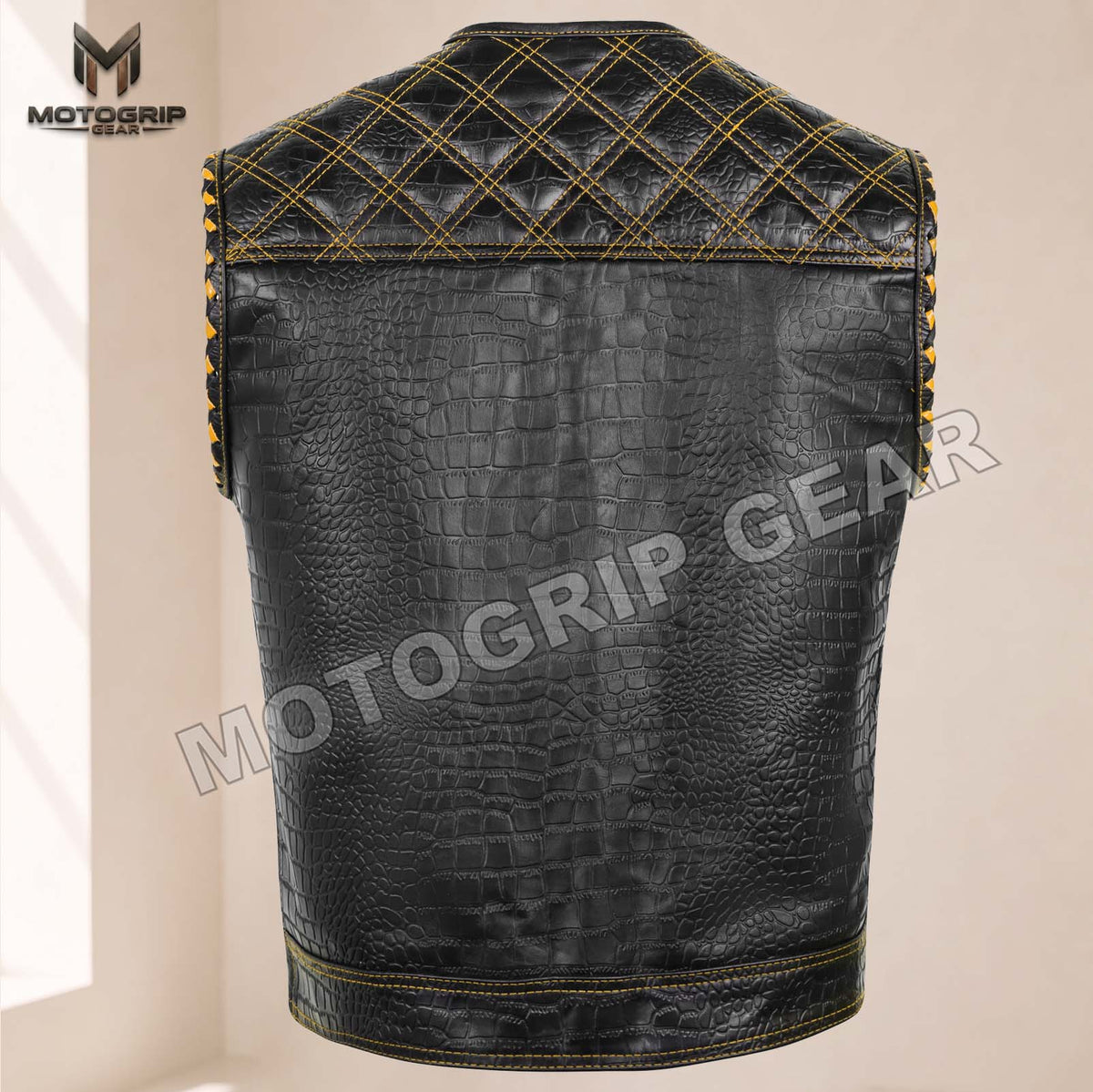 Men’s Crocodile Embossed Cowhide Leather Motorcycle Vest – Contrast Stitch Biker Club Vest