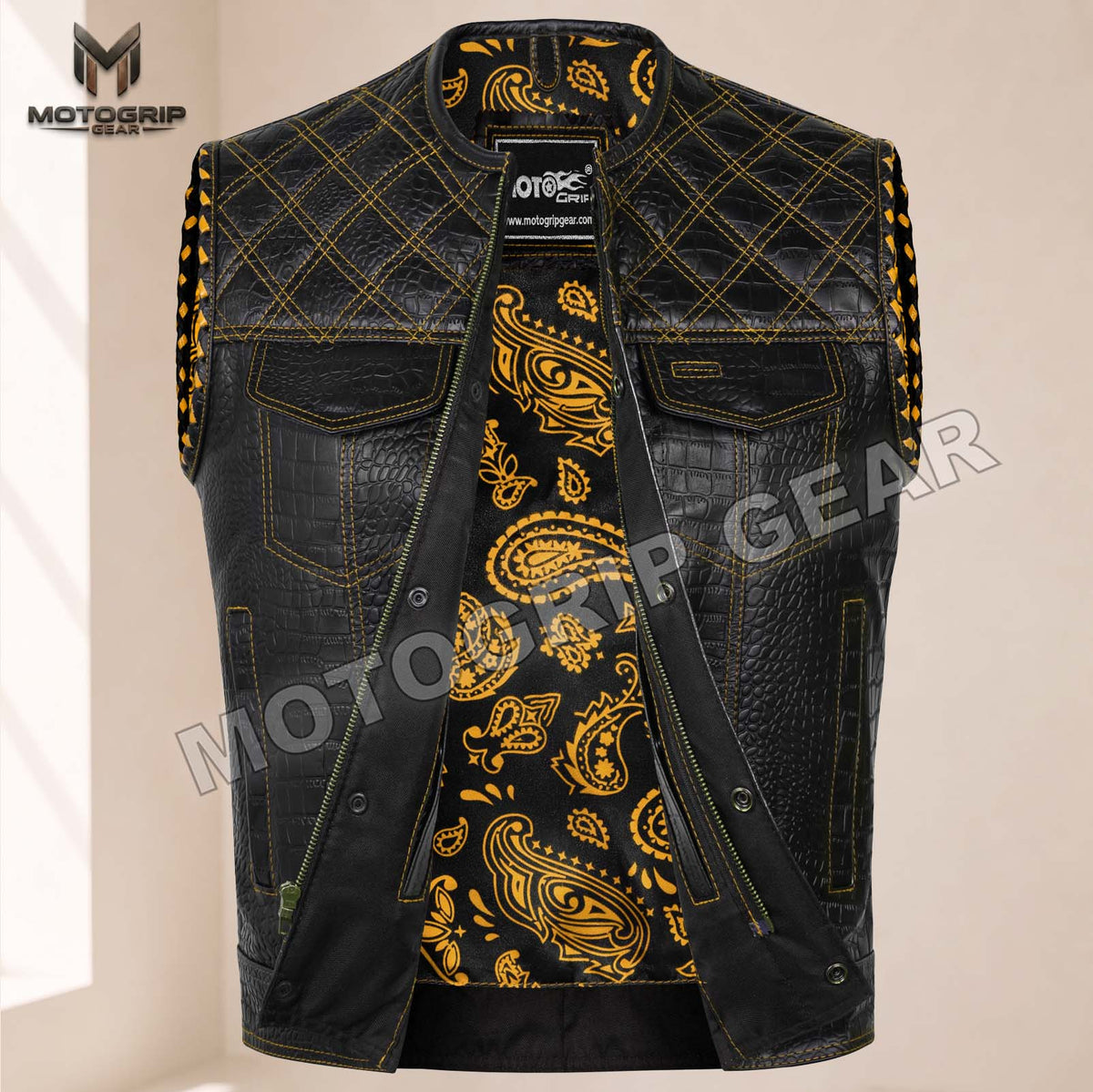 Men’s Crocodile Embossed Cowhide Leather Motorcycle Vest – Contrast Stitch Biker Club Vest
