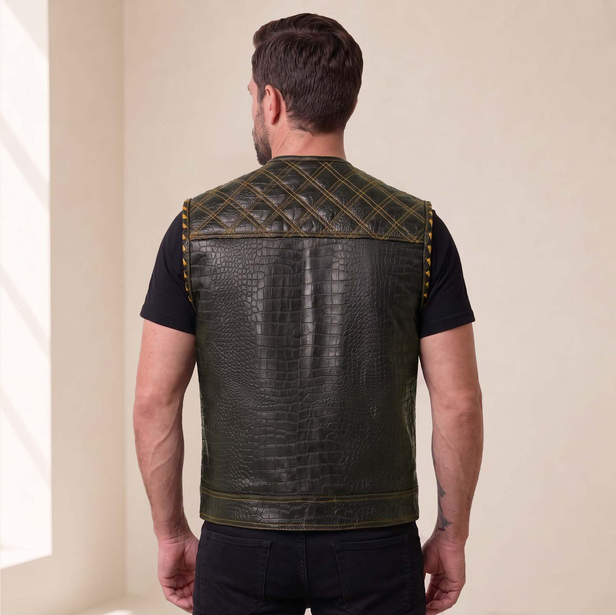 Men’s Crocodile Embossed Cowhide Leather Motorcycle Vest – Contrast Stitch Biker Club Vest