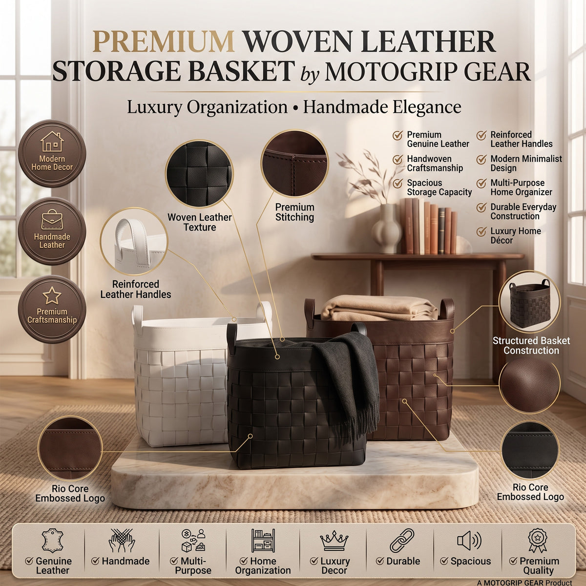 Infographic showing MOTOGRIP GEAR woven leather storage baskets with handwoven texture, reinforced handles and size chart