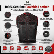 Men’s Crocodile Embossed Cowhide Leather Motorcycle Vest – Contrast Stitch Biker Club Vest