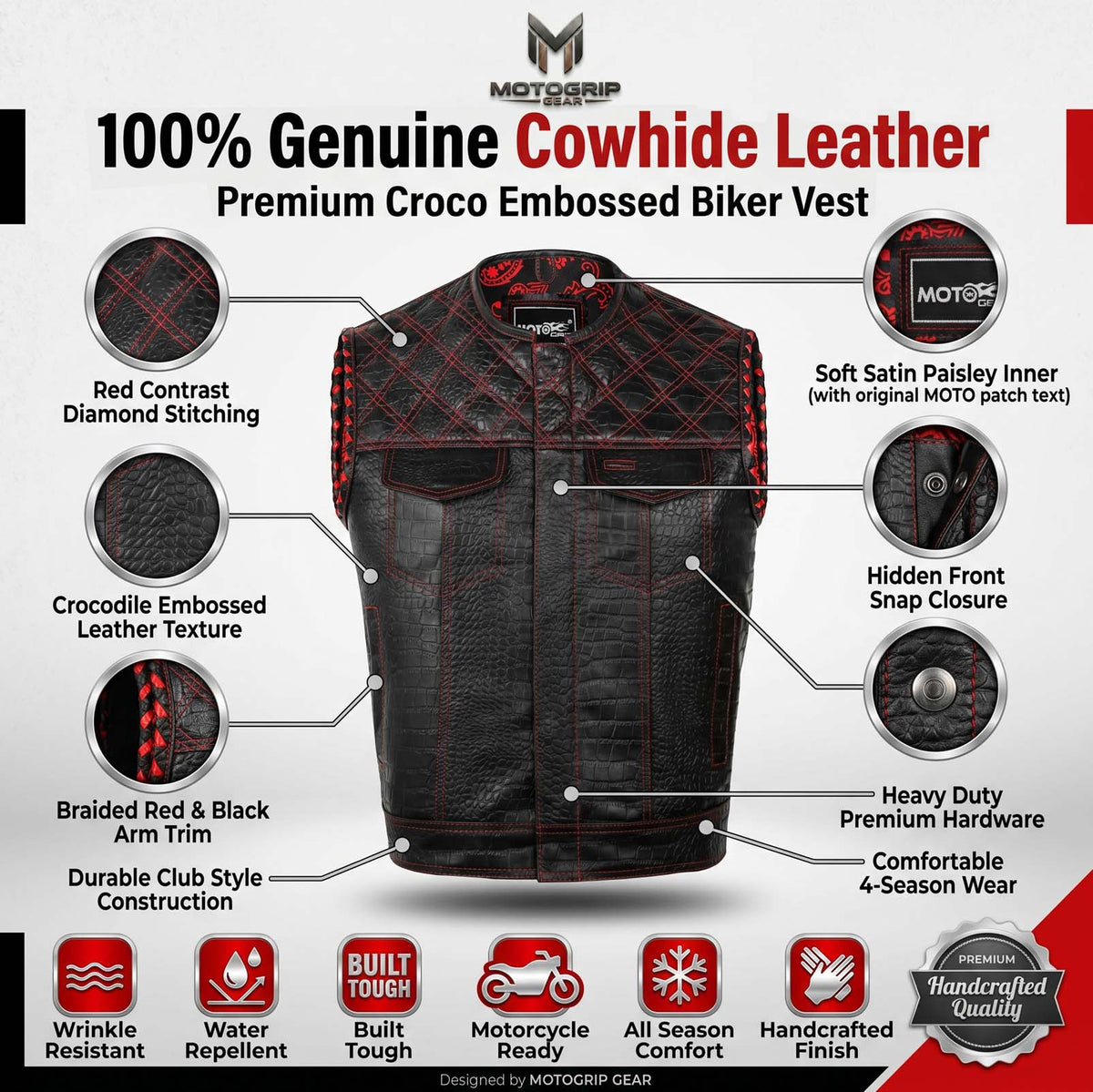 Men’s Crocodile Embossed Cowhide Leather Motorcycle Vest – Contrast Stitch Biker Club Vest