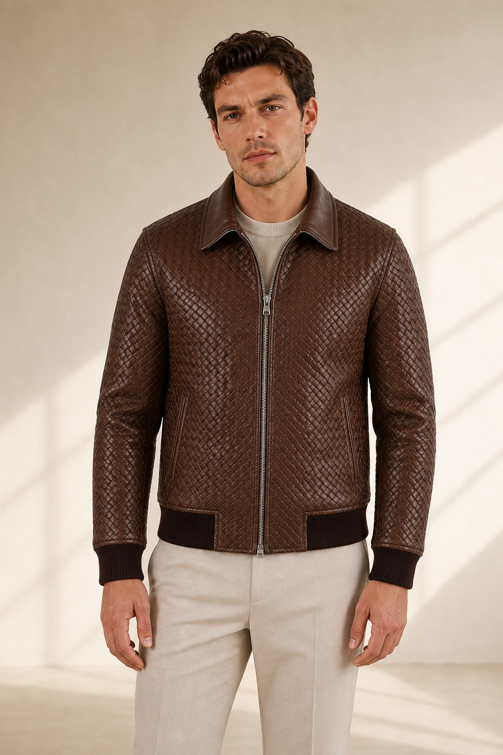 Men's brown intrecciato woven cowhide and lambskin leather jacket by MOTOGRIP GEAR