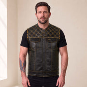 Men’s Crocodile Embossed Cowhide Leather Motorcycle Vest – Contrast Stitch Biker Club Vest