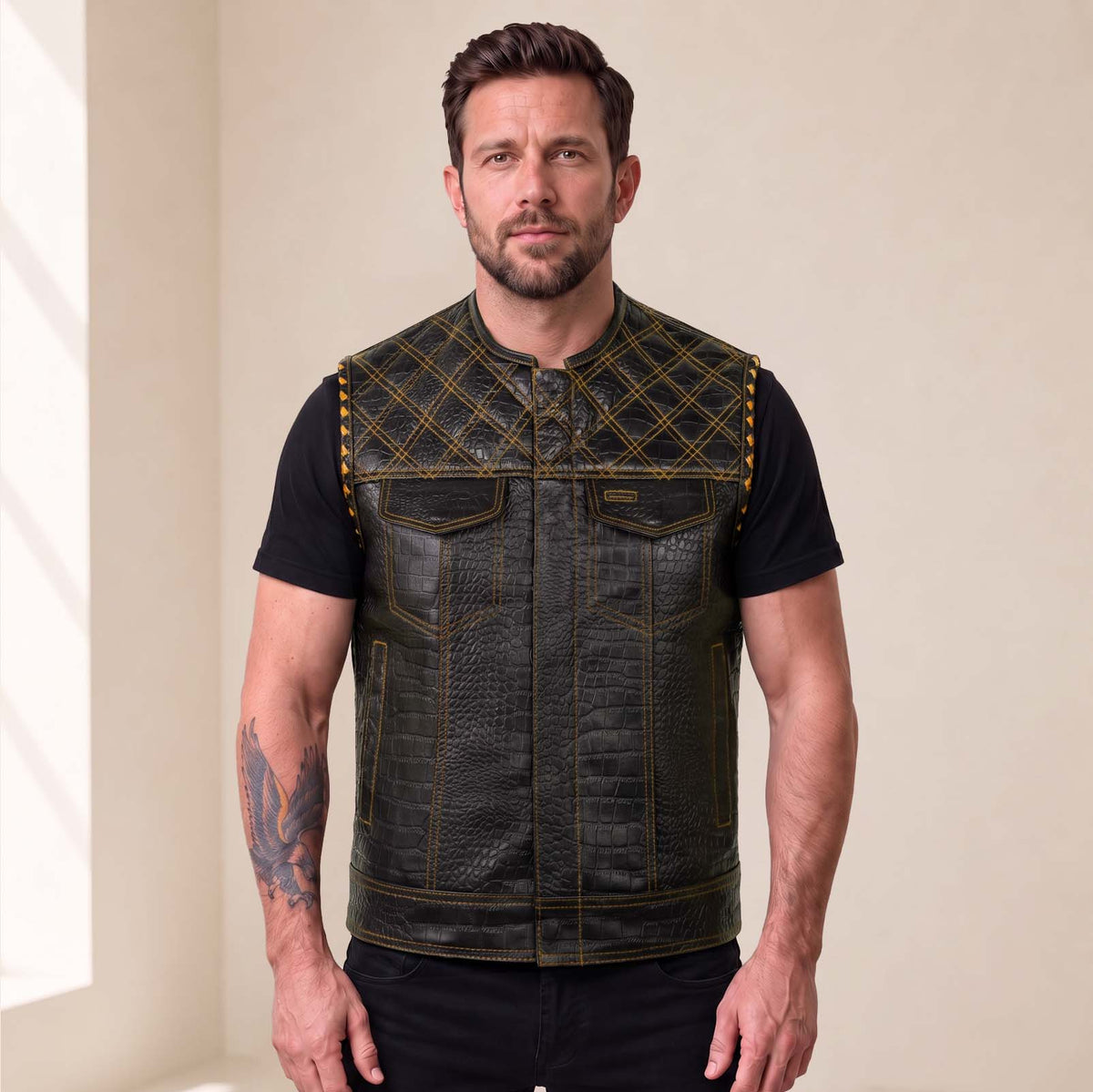 Men’s Crocodile Embossed Cowhide Leather Motorcycle Vest – Contrast Stitch Biker Club Vest