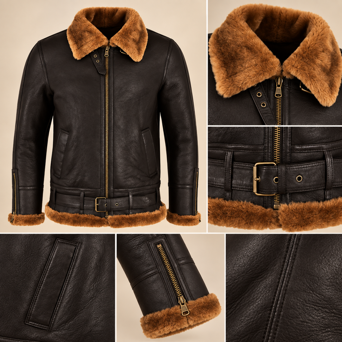 Leather grain and shearling close-up of the Aldermere Men's Brown Belted B3 Shearling Aviator Jacket