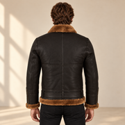 Back model view of the Aldermere Men's Brown Belted B3 Shearling Aviator Jacket