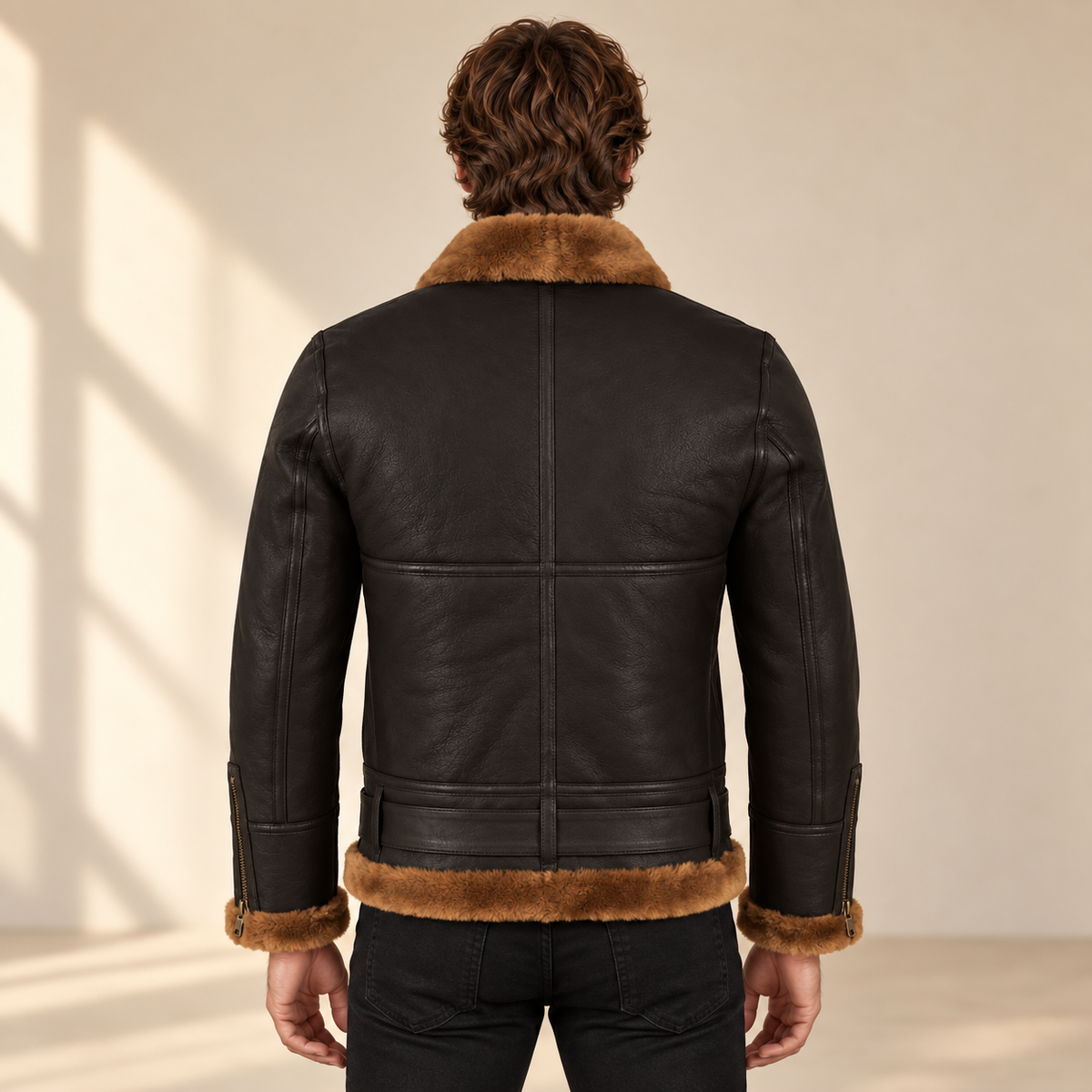 Back model view of the Aldermere Men's Brown Belted B3 Shearling Aviator Jacket
