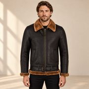 Front model view of the Aldermere Men's Brown Belted B3 Shearling Aviator Jacket
