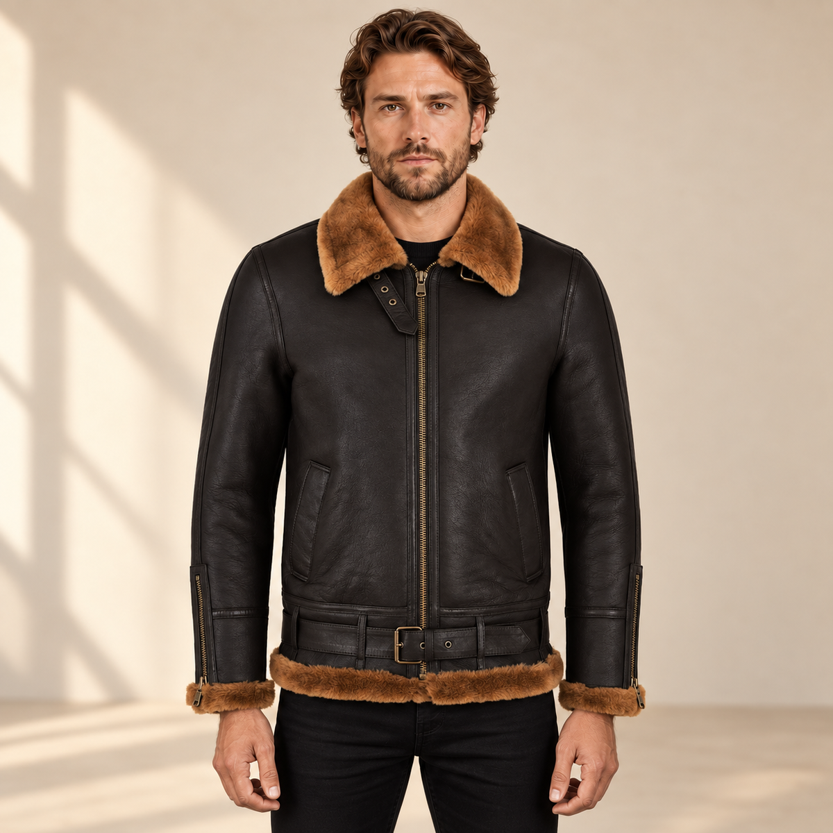 Front model view of the Aldermere Men's Brown Belted B3 Shearling Aviator Jacket