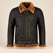 Front product view of the Aldermere Men's Brown Belted B3 Shearling Aviator Jacket