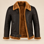 Open inner shearling view of the Aldermere Men's Brown Belted B3 Shearling Aviator Jacket
