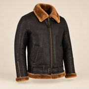 Three-quarter product view of the Aldermere Men's Brown Belted B3 Shearling Aviator Jacket