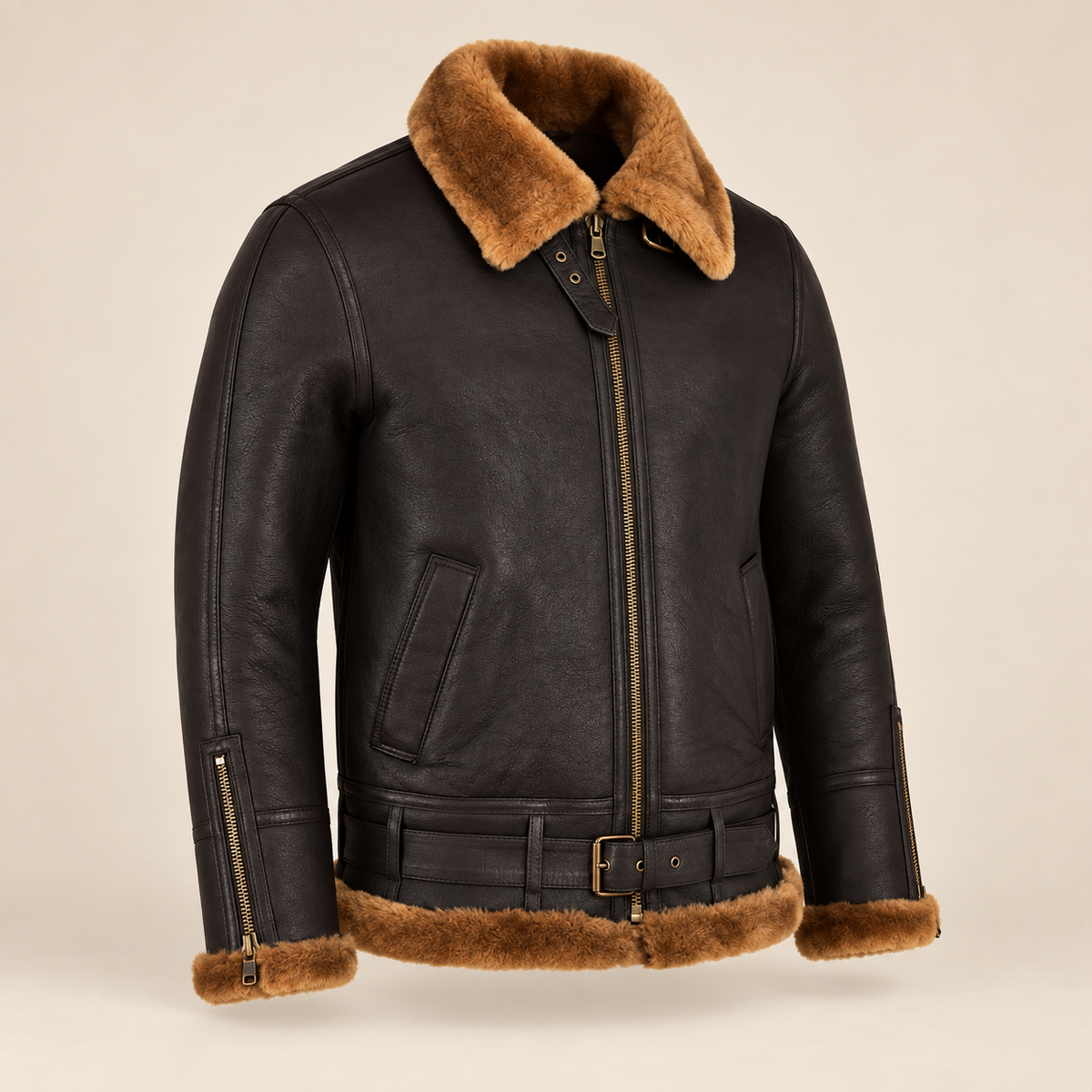 Three-quarter product view of the Aldermere Men's Brown Belted B3 Shearling Aviator Jacket