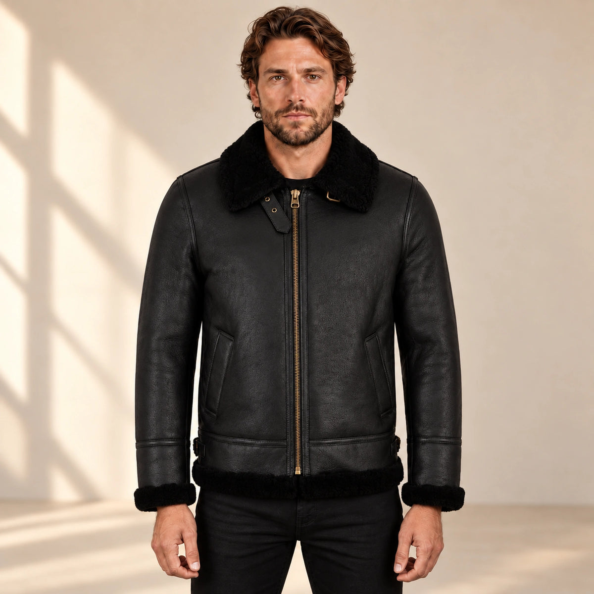Front model view of the Aldridge Men's Black RAF B3 Sheepskin Aviator Jacket