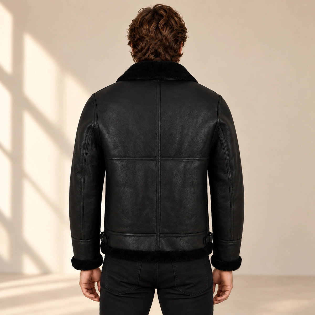 Back model view of the Aldridge Men's Black RAF B3 Sheepskin Aviator Jacket