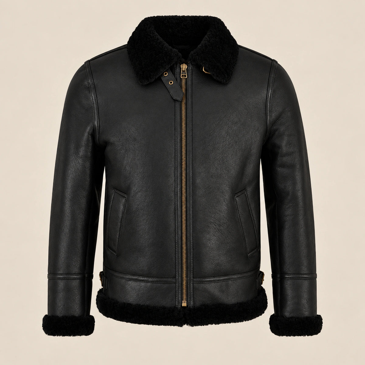 Front product view of the Aldridge Men's Black RAF B3 Sheepskin Aviator Jacket