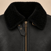 Leather grain and shearling close-up of the Aldridge Men's Black RAF B3 Sheepskin Aviator Jacket
