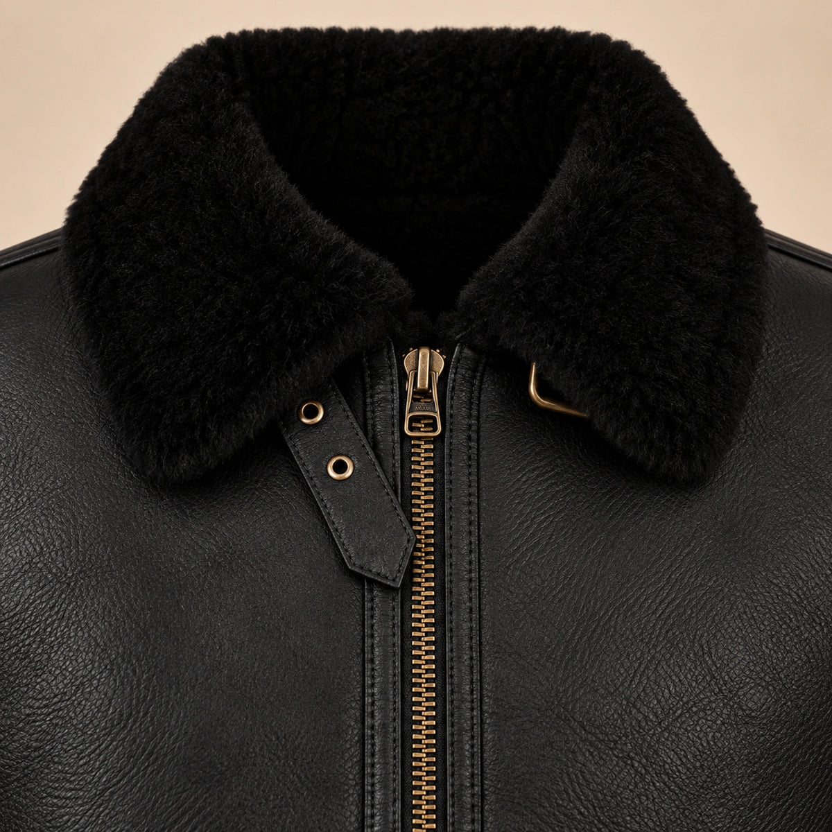 Leather grain and shearling close-up of the Aldridge Men's Black RAF B3 Sheepskin Aviator Jacket