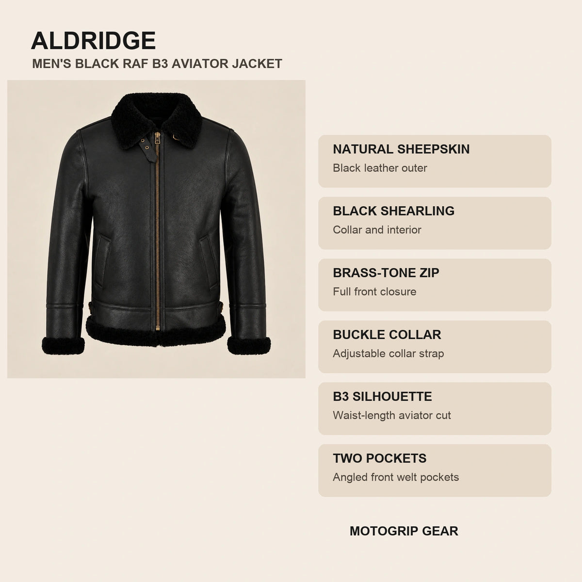 Key design features of the Aldridge Men's Black RAF B3 Sheepskin Aviator Jacket