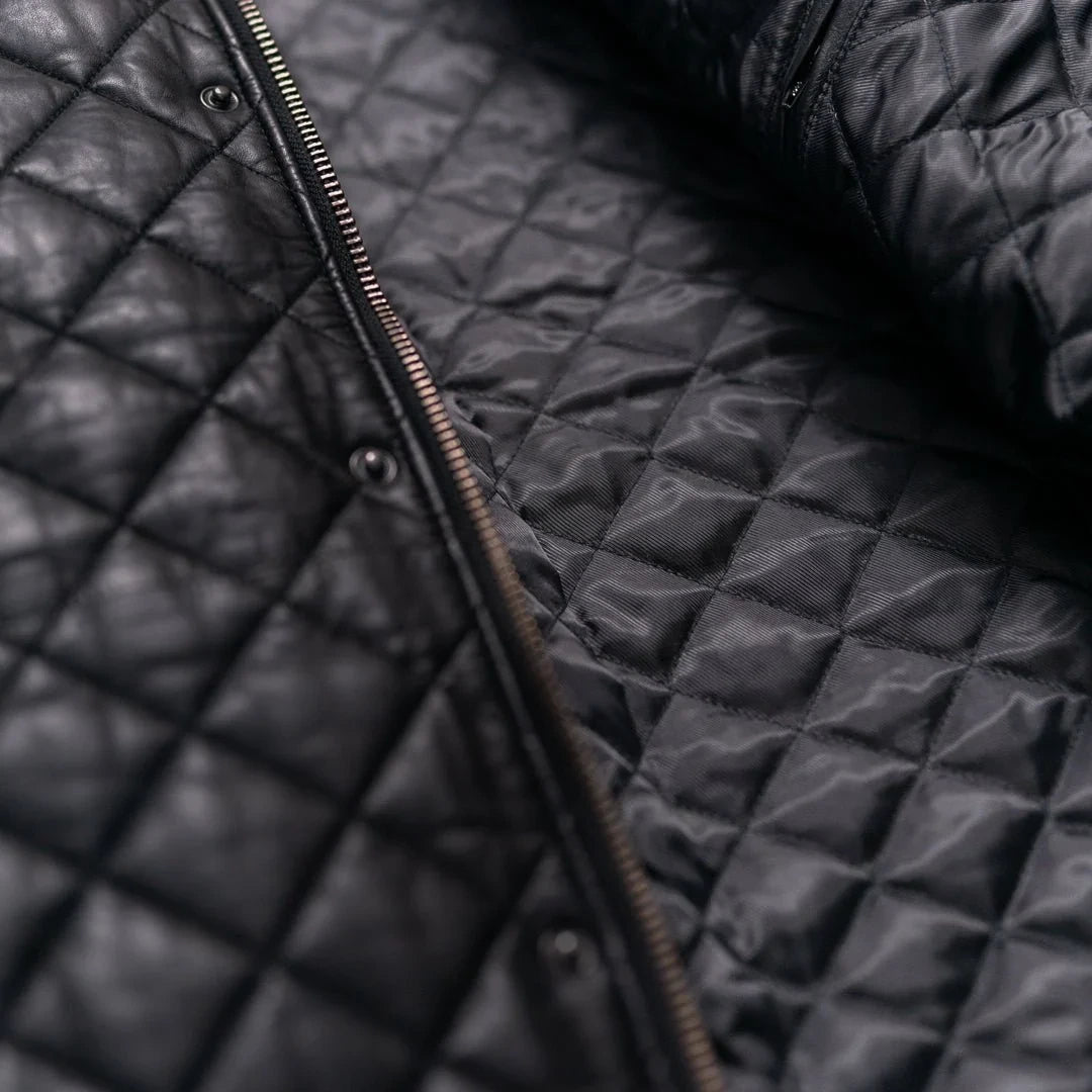 Ardenwick men's black diamond-quilted leather jacket, close up view