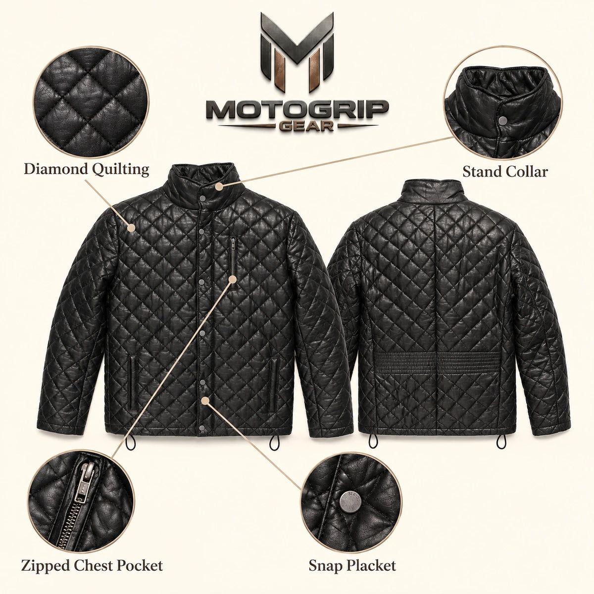 Ardenwick men's black diamond-quilted leather jacket, infographic view