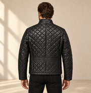 Ardenwick men's black diamond-quilted leather jacket, model back view
