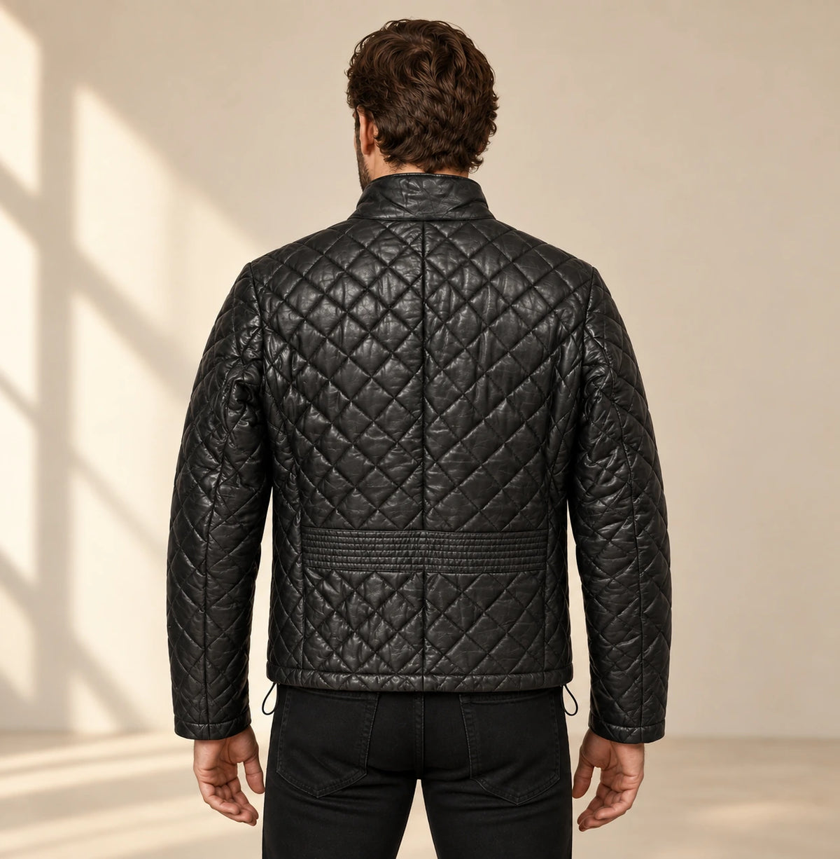 Ardenwick men's black diamond-quilted leather jacket, model back view