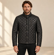 Ardenwick men's black diamond-quilted leather jacket, model front view