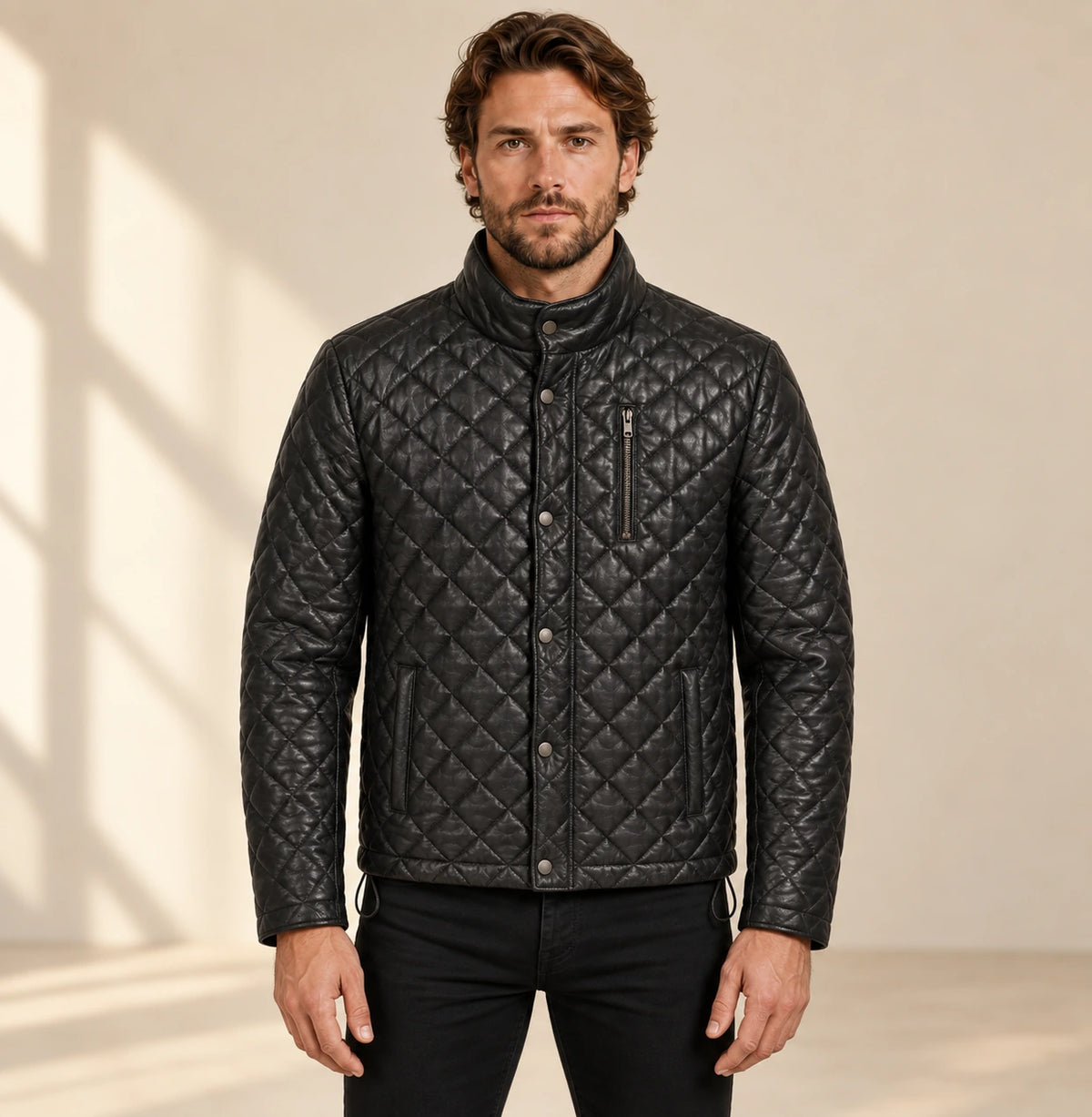 Ardenwick men's black diamond-quilted leather jacket, model front view
