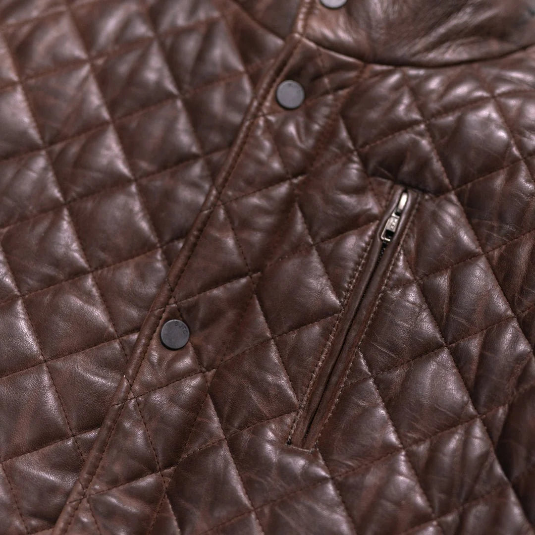 Ardenwick men's mahogany brown diamond-quilted leather jacket, close up view
