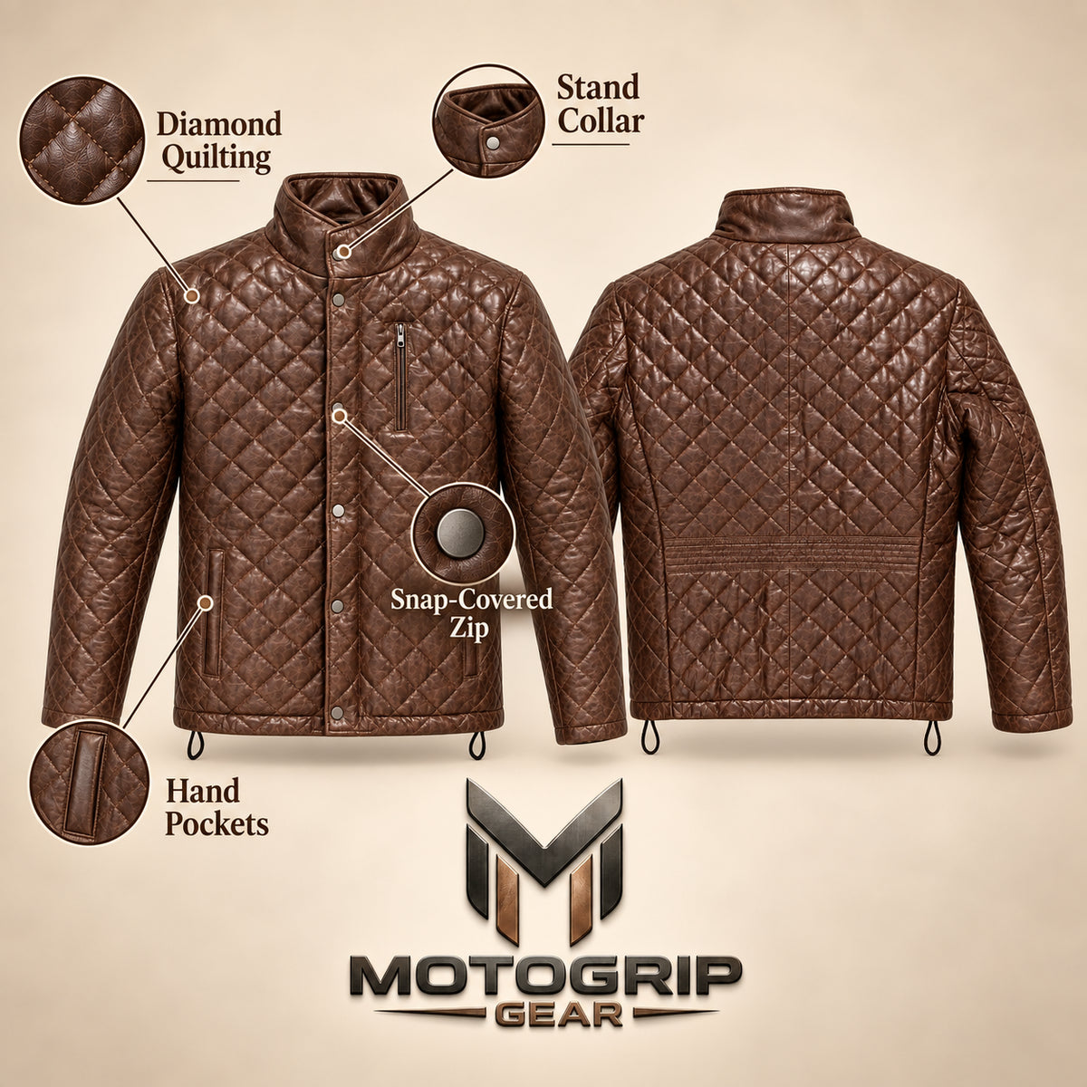 Ardenwick men's mahogany brown diamond-quilted leather jacket, infographic view