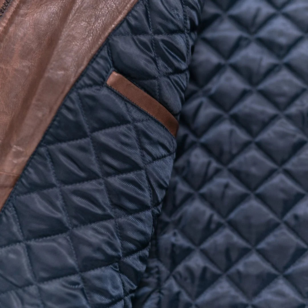 Ardenwick men's mahogany brown diamond-quilted leather jacket, lining detail view