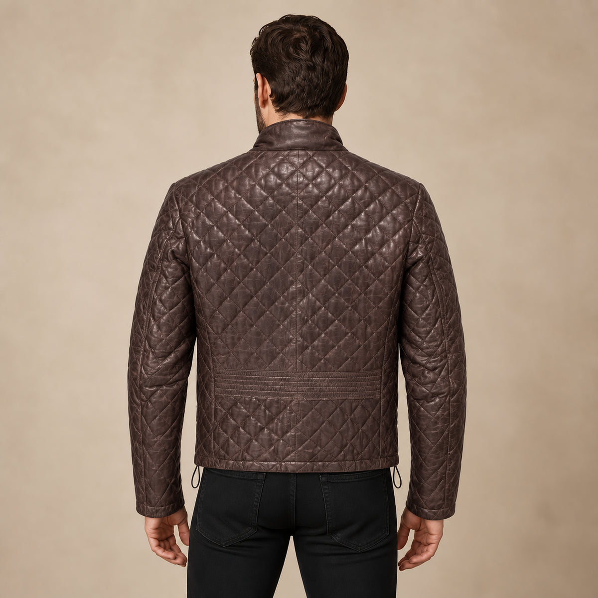 Ardenwick men's mahogany brown diamond-quilted leather jacket, model back view
