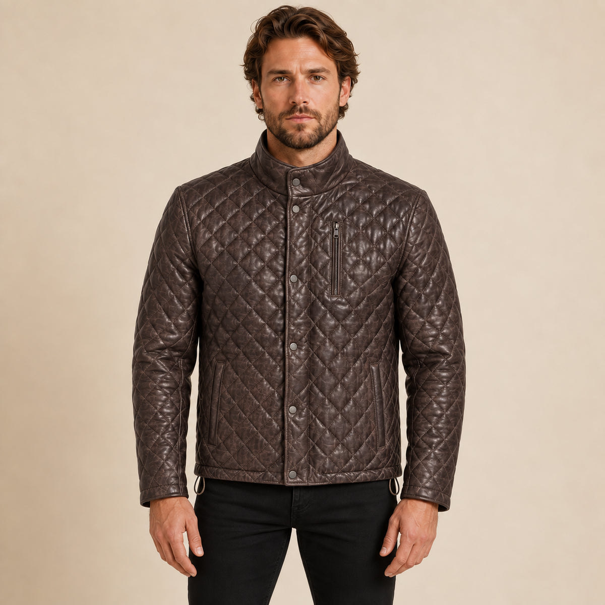 Ardenwick men's mahogany brown diamond-quilted leather jacket, model front view