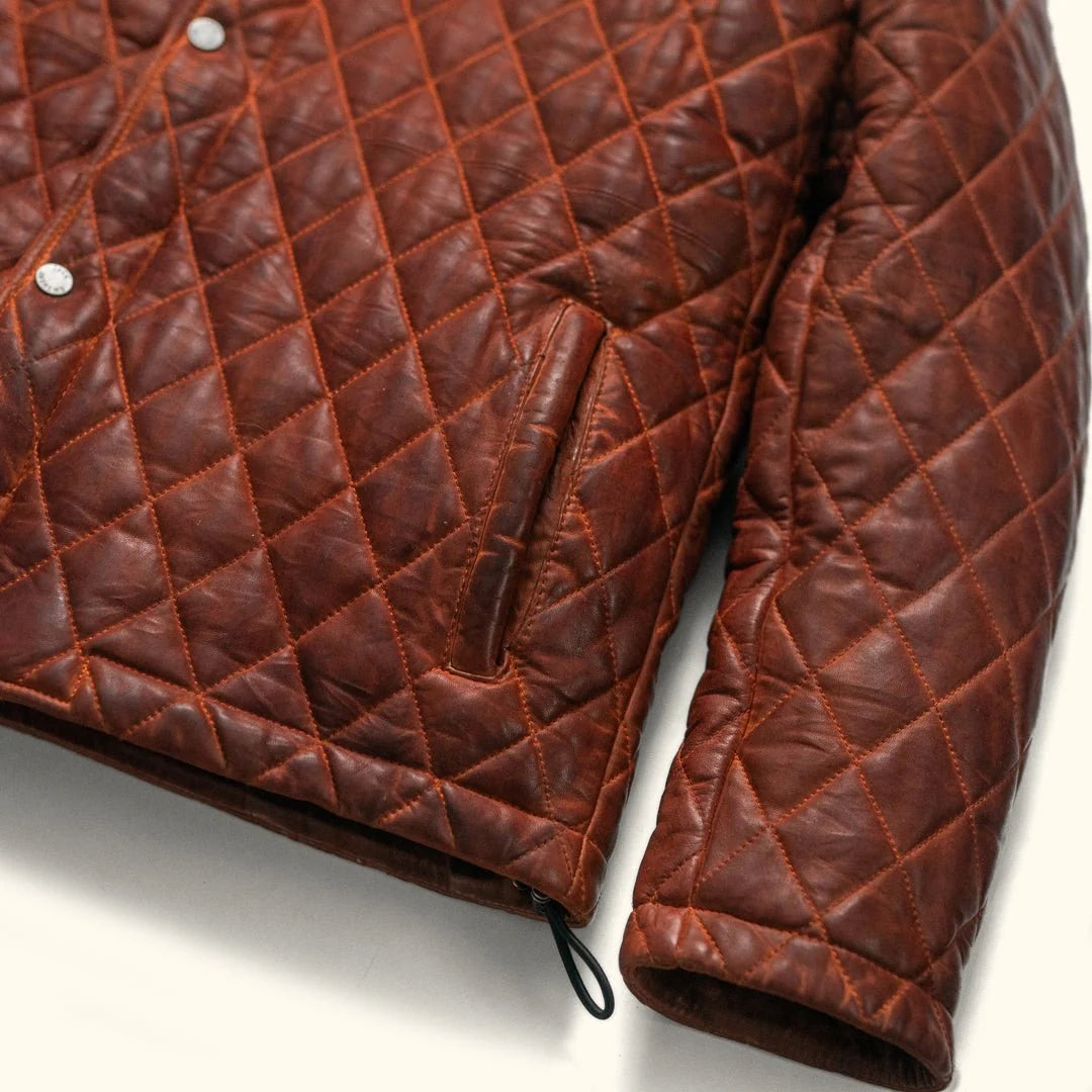 Ardenwick men's whiskey brown diamond-quilted leather jacket, close up view