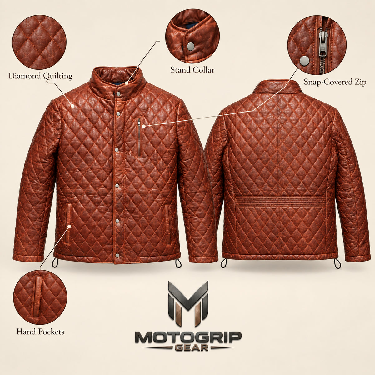 Ardenwick men's whiskey brown diamond-quilted leather jacket, infographic view