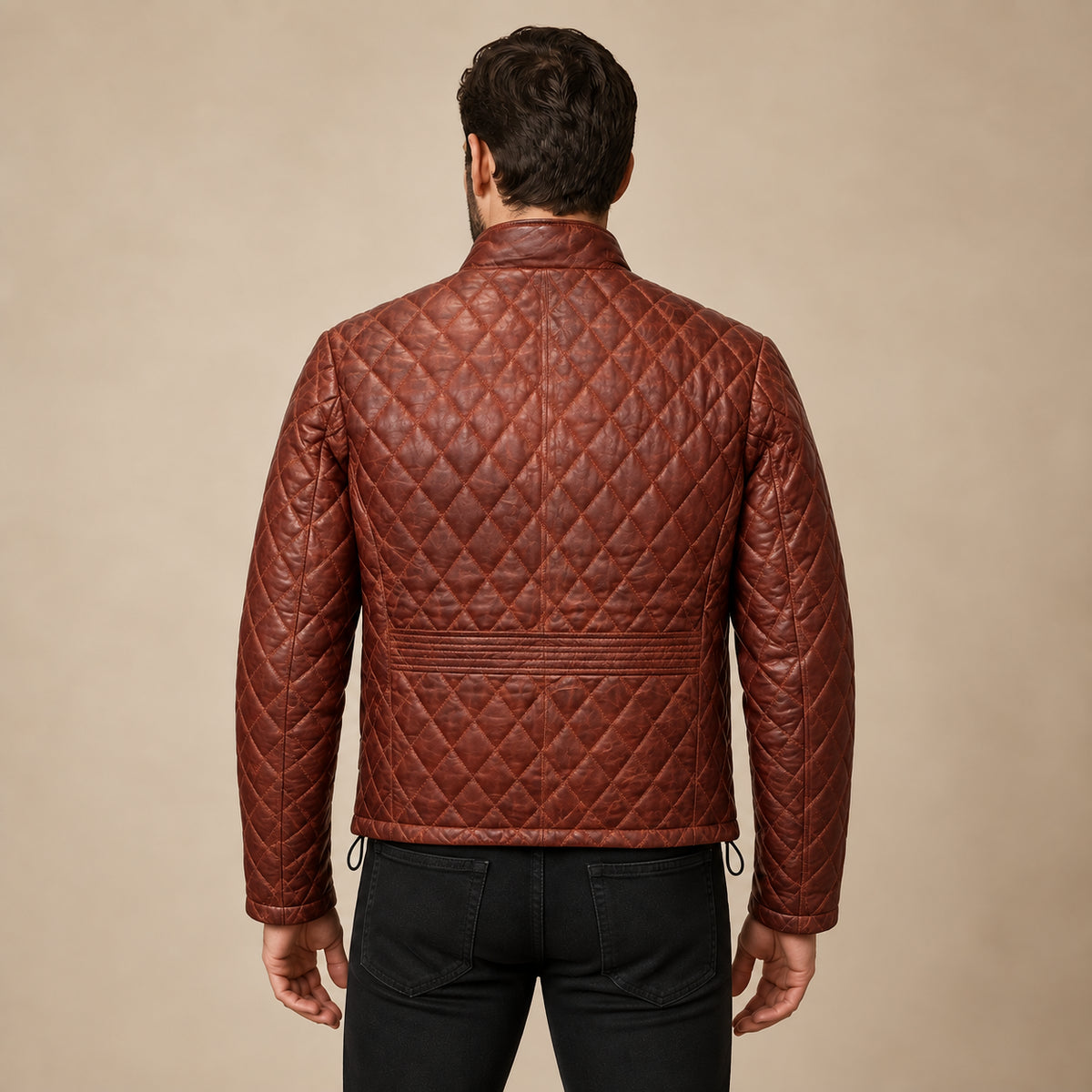 Ardenwick men's whiskey brown diamond-quilted leather jacket, model back view