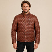Ardenwick men's whiskey brown diamond-quilted leather jacket, model front view