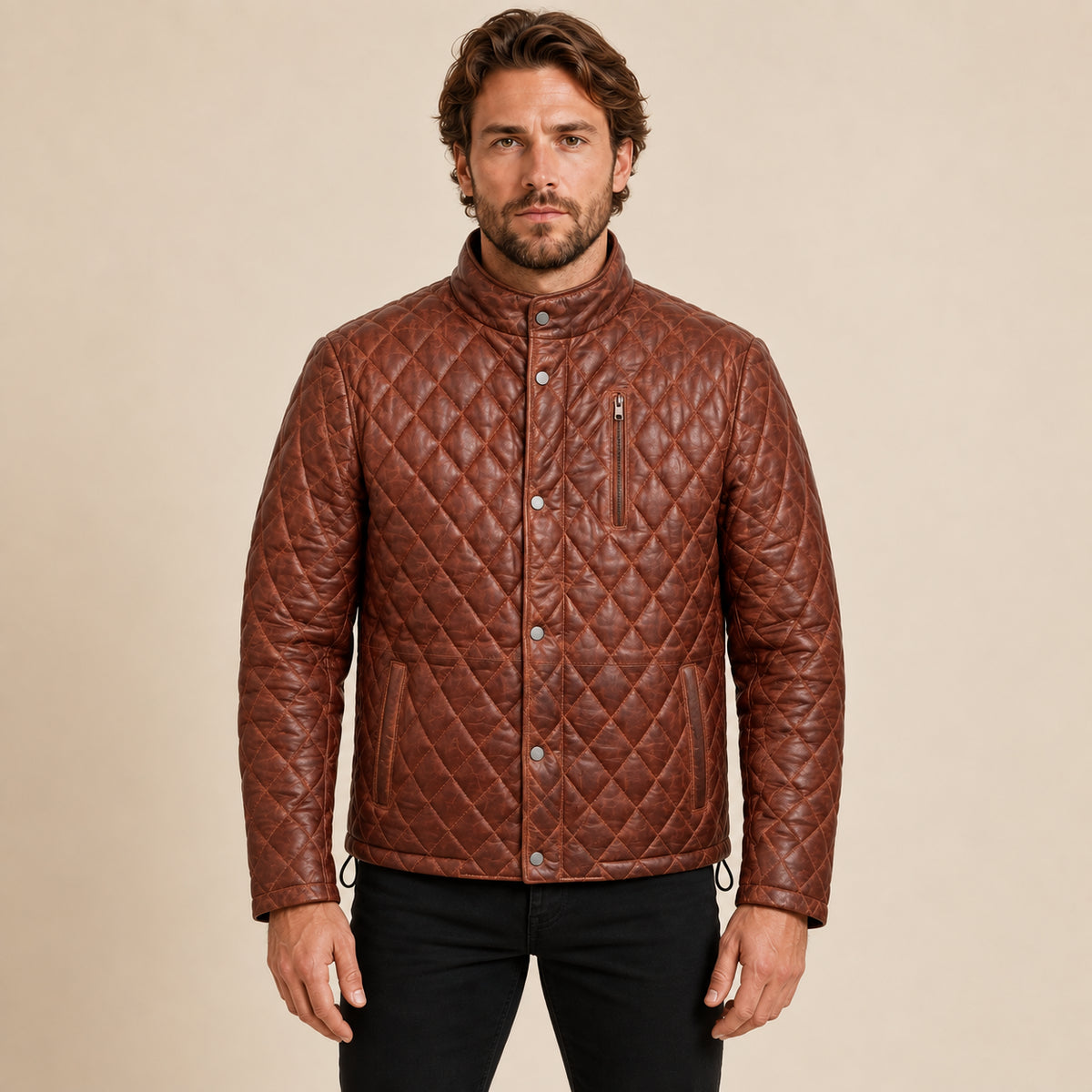 Ardenwick men's whiskey brown diamond-quilted leather jacket, model front view