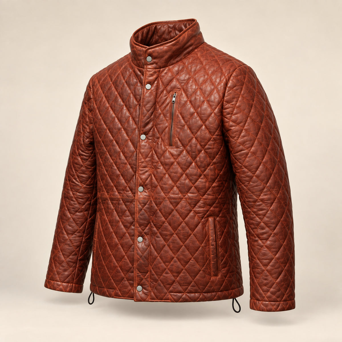 Ardenwick men's whiskey brown diamond-quilted leather jacket, side angle view